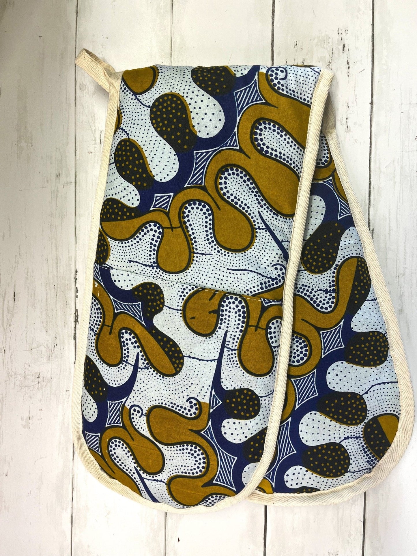 Ankara Oven Mitt | Double Oven Mitt | Beige/White Print - AmayiUK