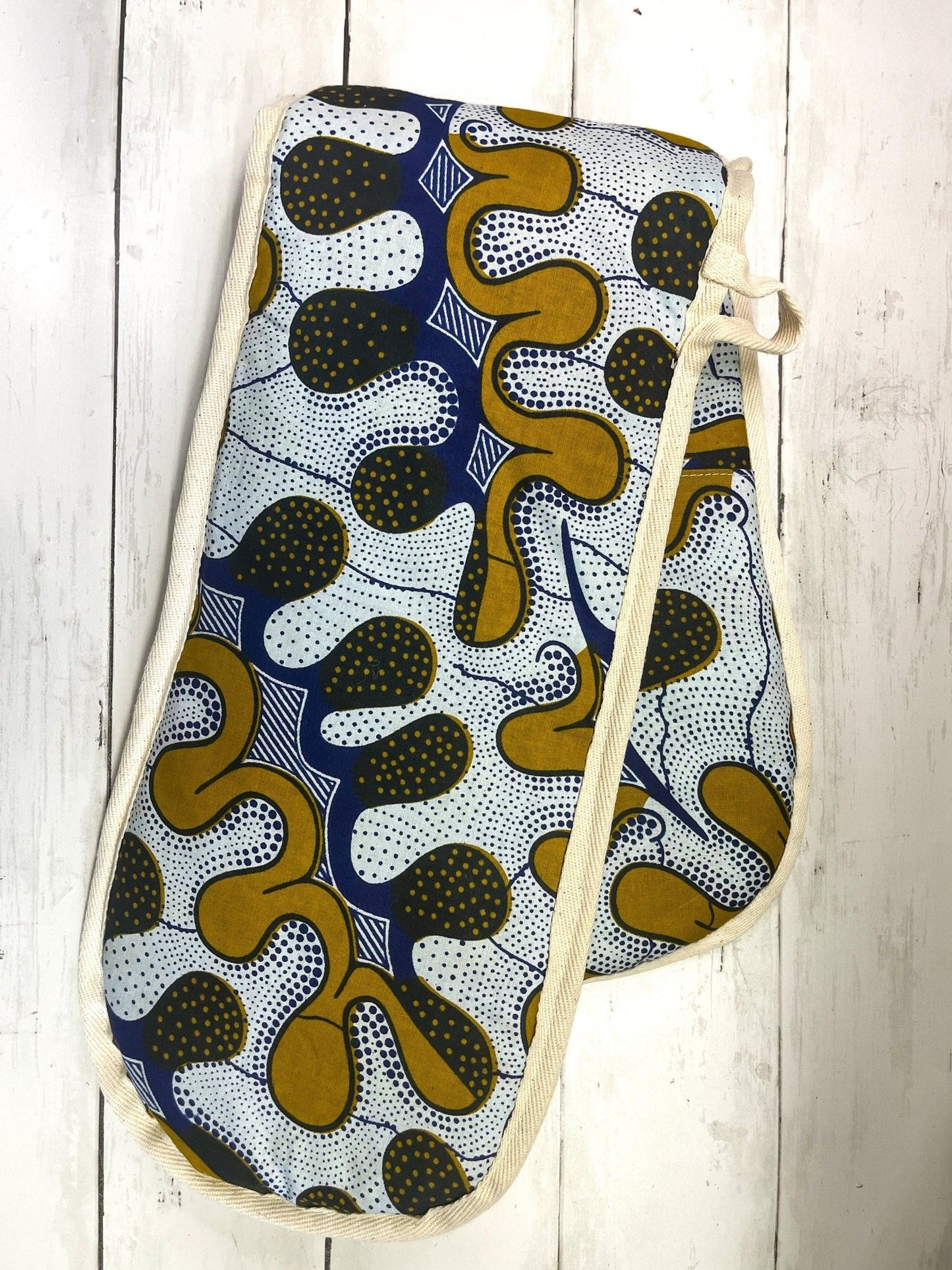 Ankara Oven Mitt | Double Oven Mitt | Beige/White Print - AmayiUK