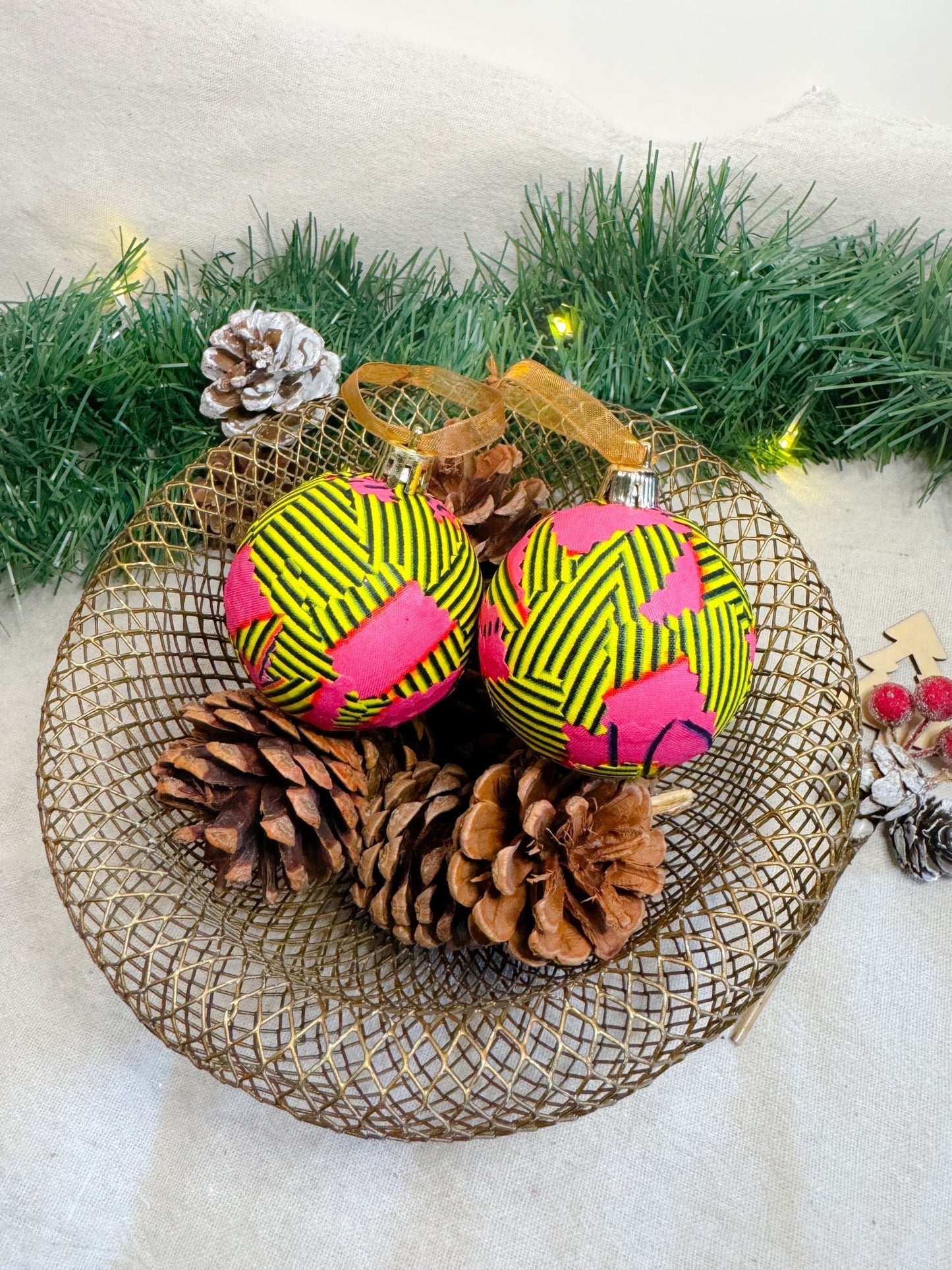Yellow and Pink Print Christmas Baubles - AmayiUK