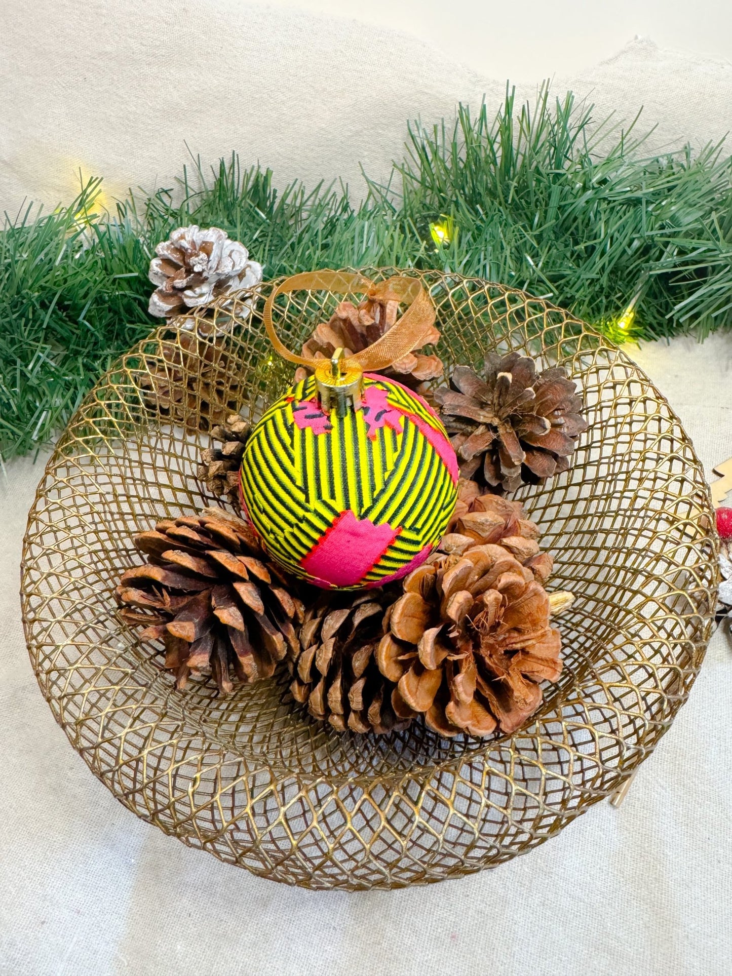 Yellow and Pink Print Christmas Baubles - AmayiUK