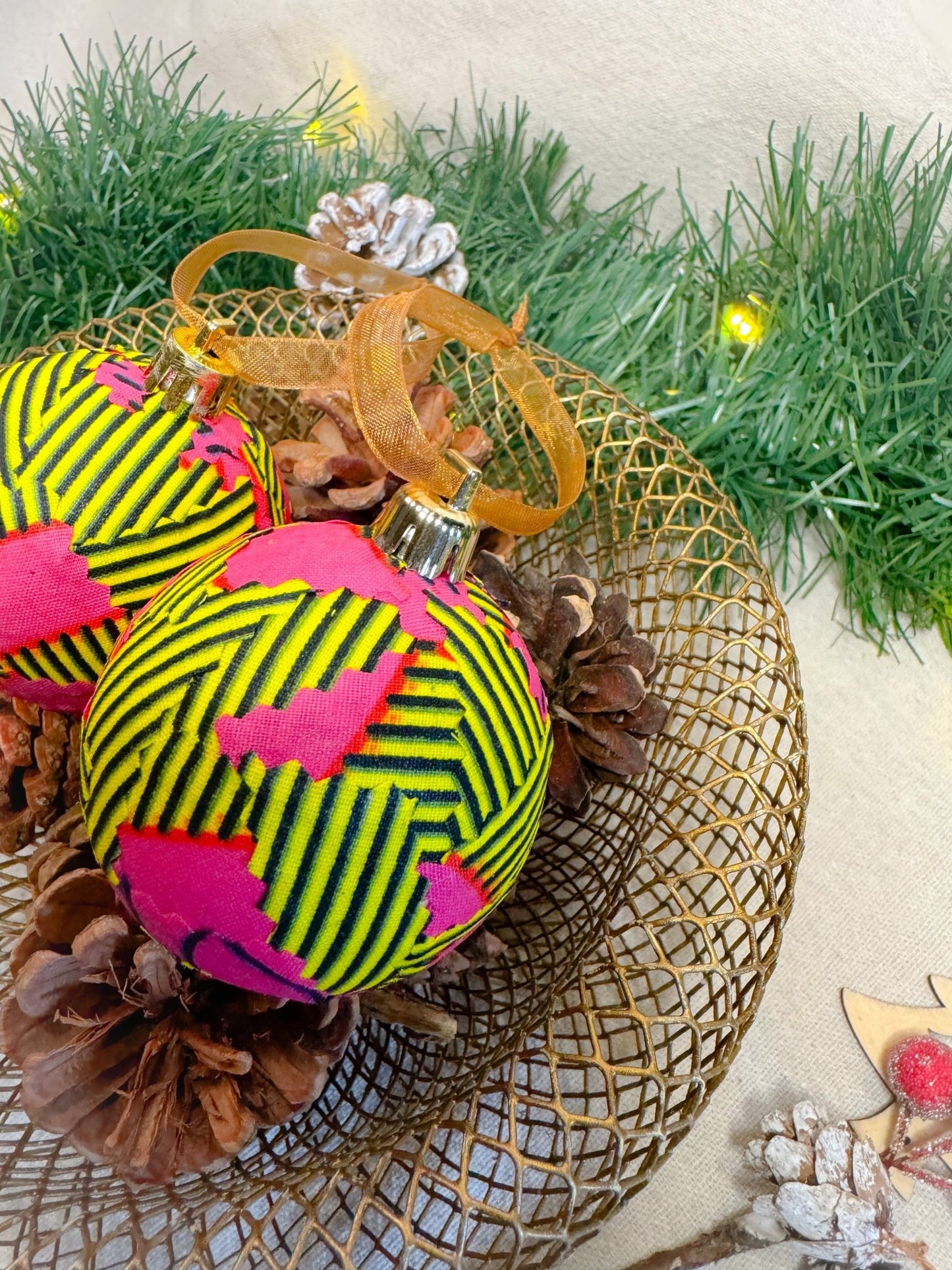 Yellow and Pink Print Christmas Baubles - AmayiUK