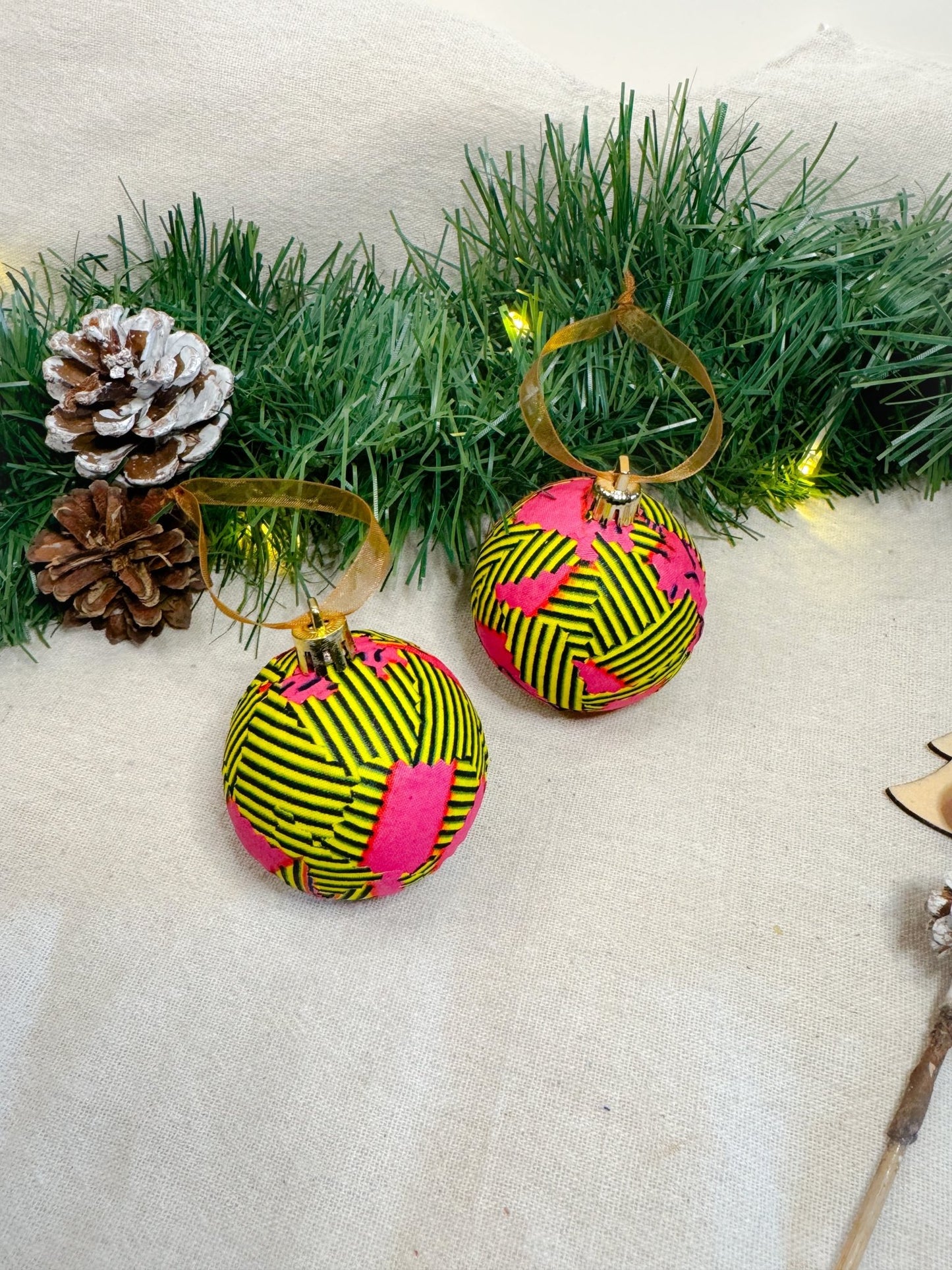 Yellow and Pink Print Christmas Baubles - AmayiUK