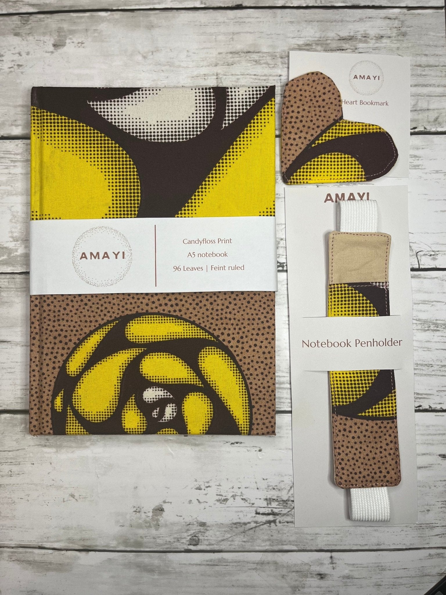 African Print Notebook Gift Set | Candyfloss Print| Notebook Pen Holder | Fabric Heart Bookmark - AmayiUK