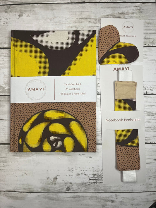 African Print Notebook Gift Set | Candyfloss Print| Notebook Pen Holder | Fabric Heart Bookmark - AmayiUK