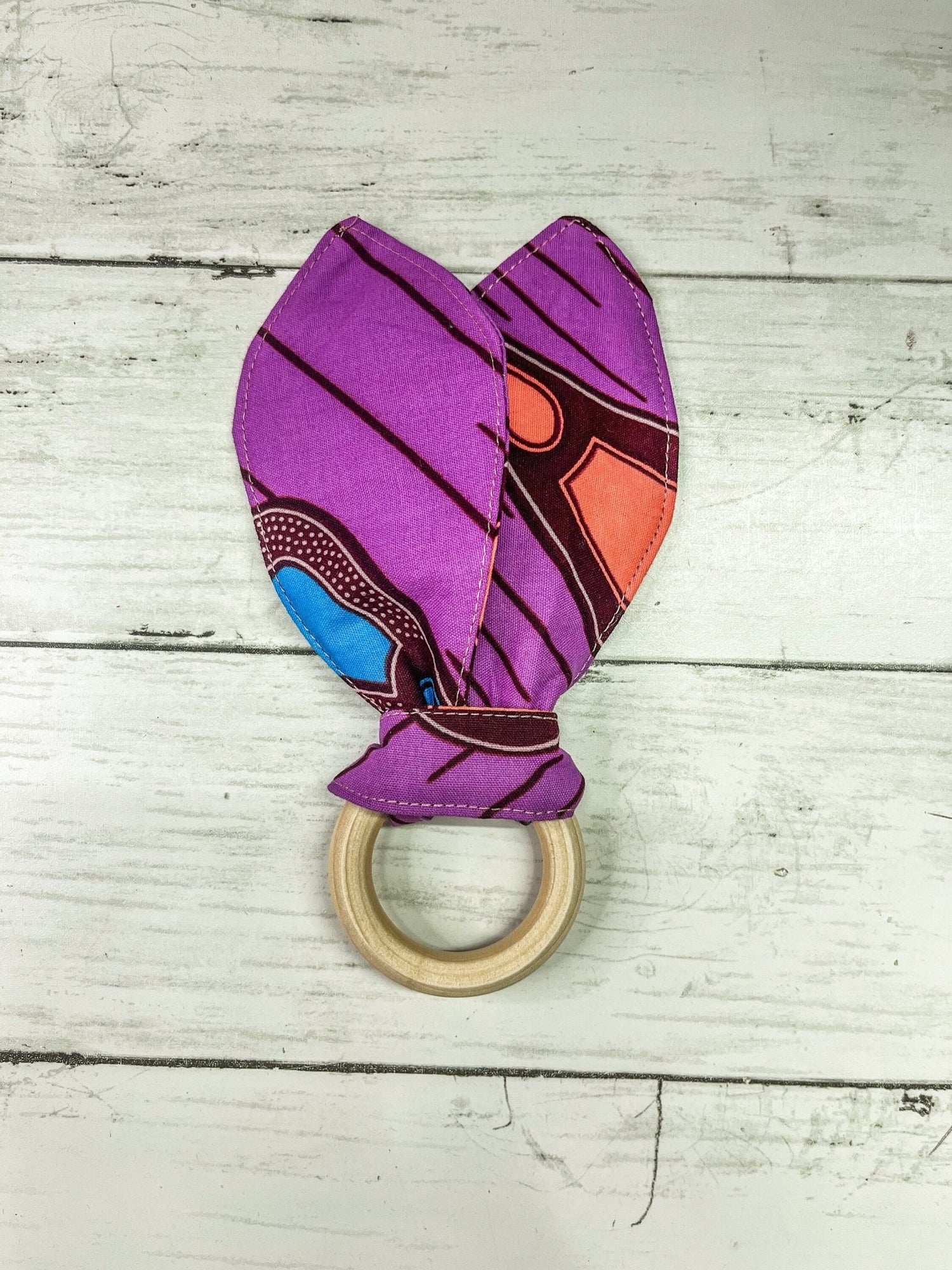 Bunny Ears Teething Ring | Wooden Teething rings | Ankara fabric - AmayiUK