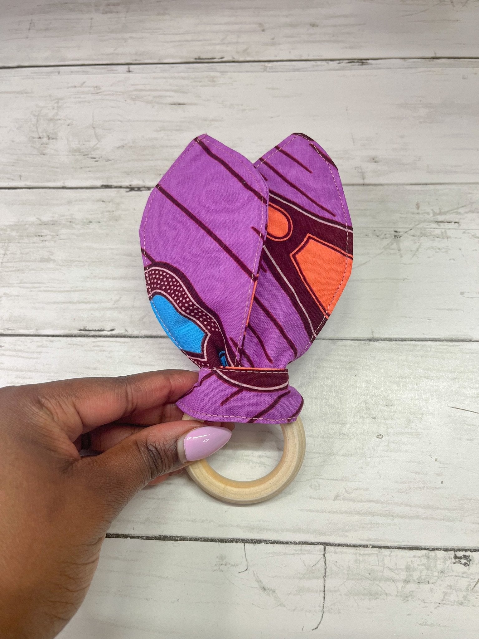 Bunny Ears Teething Ring | Wooden Teething rings | Ankara fabric - AmayiUK