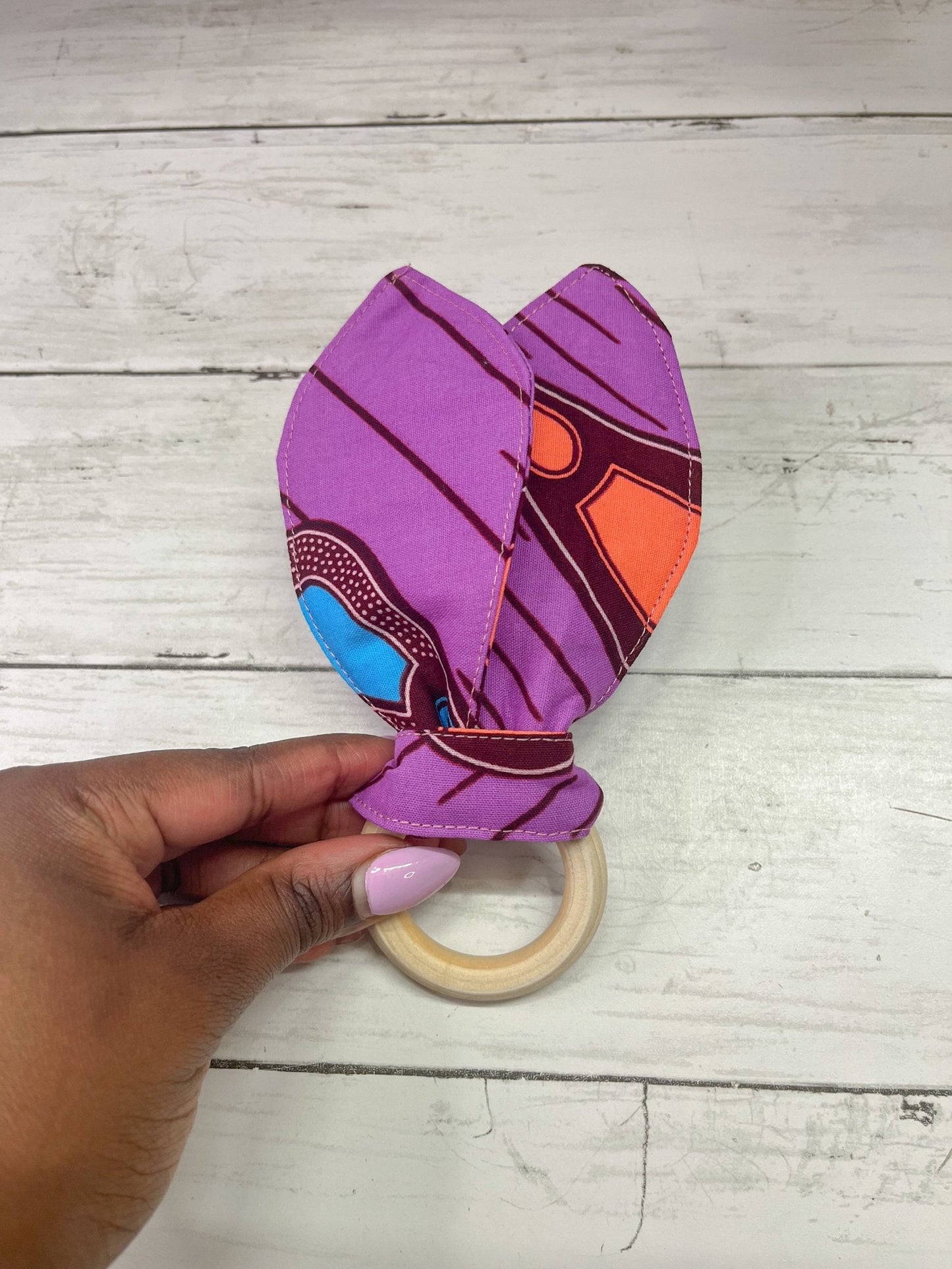 Bunny Ears Teething Ring | Wooden Teething rings | Ankara fabric | Pink Floral - AmayiUK