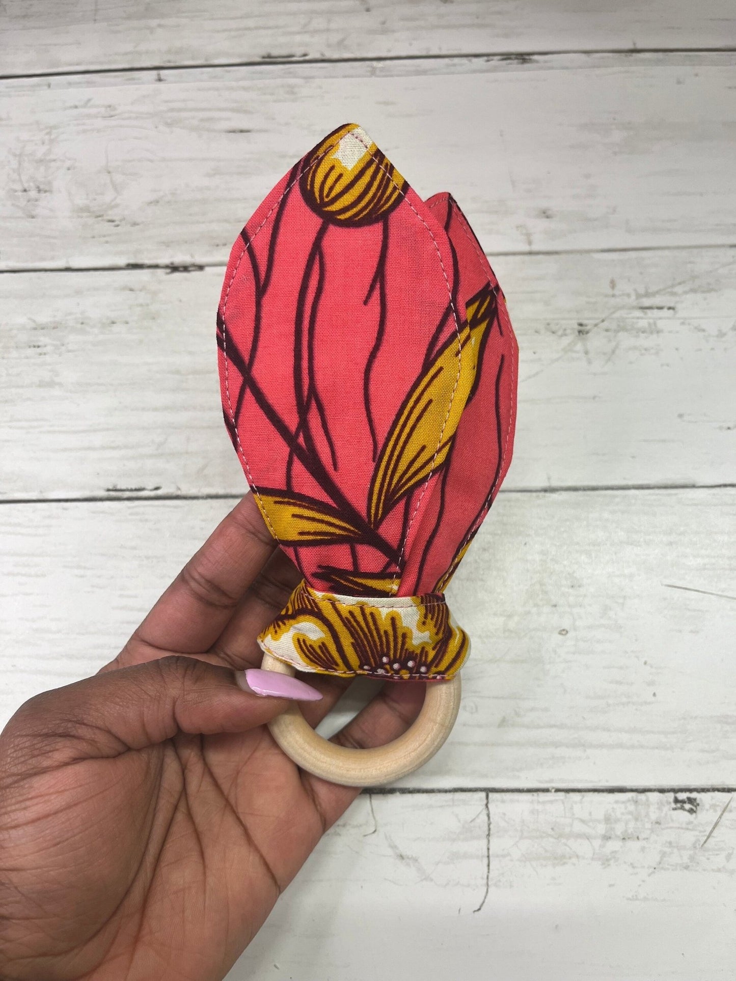 Bunny Ears Teething Ring | Wooden Teething rings | Ankara fabric | Pink Floral - AmayiUK