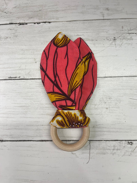 Bunny Ears Teething Ring | Wooden Teething rings | Ankara fabric | Pink Floral - AmayiUK