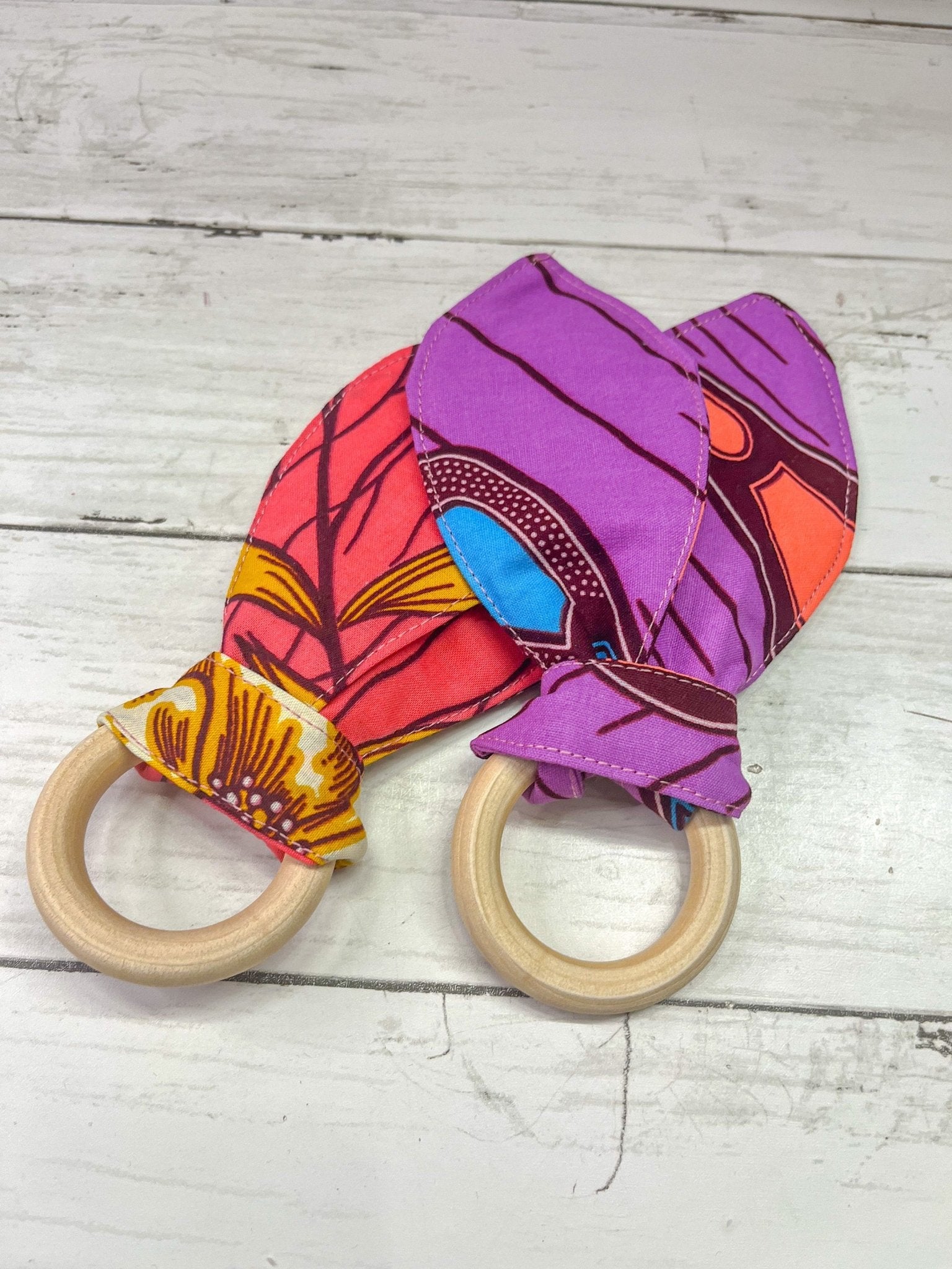 Bunny Ears Teething Ring | Wooden Teething rings | Ankara fabric | Pink Floral - AmayiUK