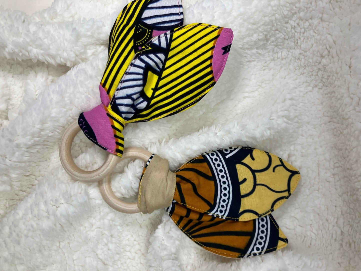 Cotton Bunny Ears Teething Ring | African Print Wooden Teething rings | Yellow/Pink Print - AmayiUK