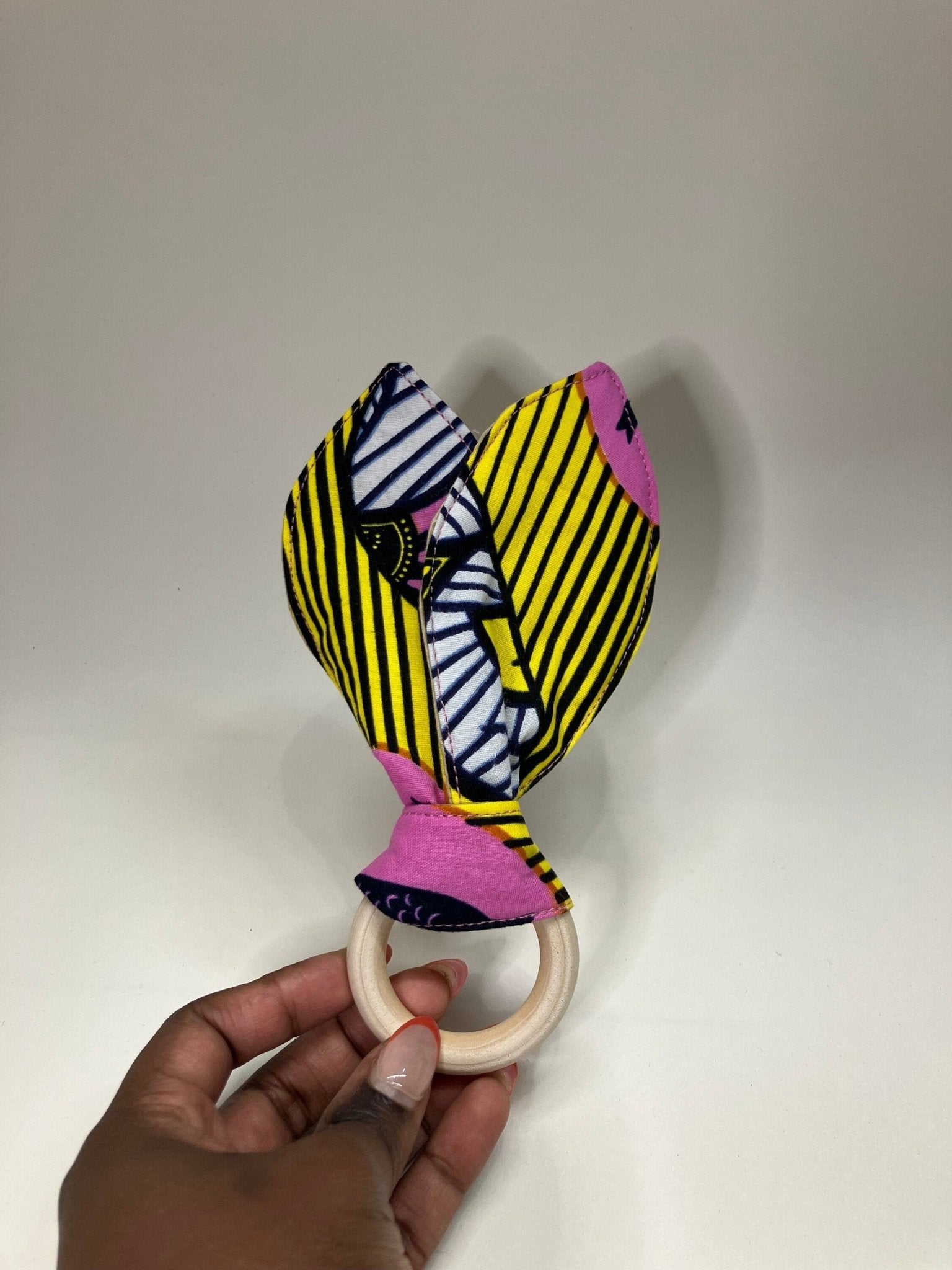 Cotton Bunny Ears Teething Ring | African Print Wooden Teething rings | Yellow/Pink Print - AmayiUK