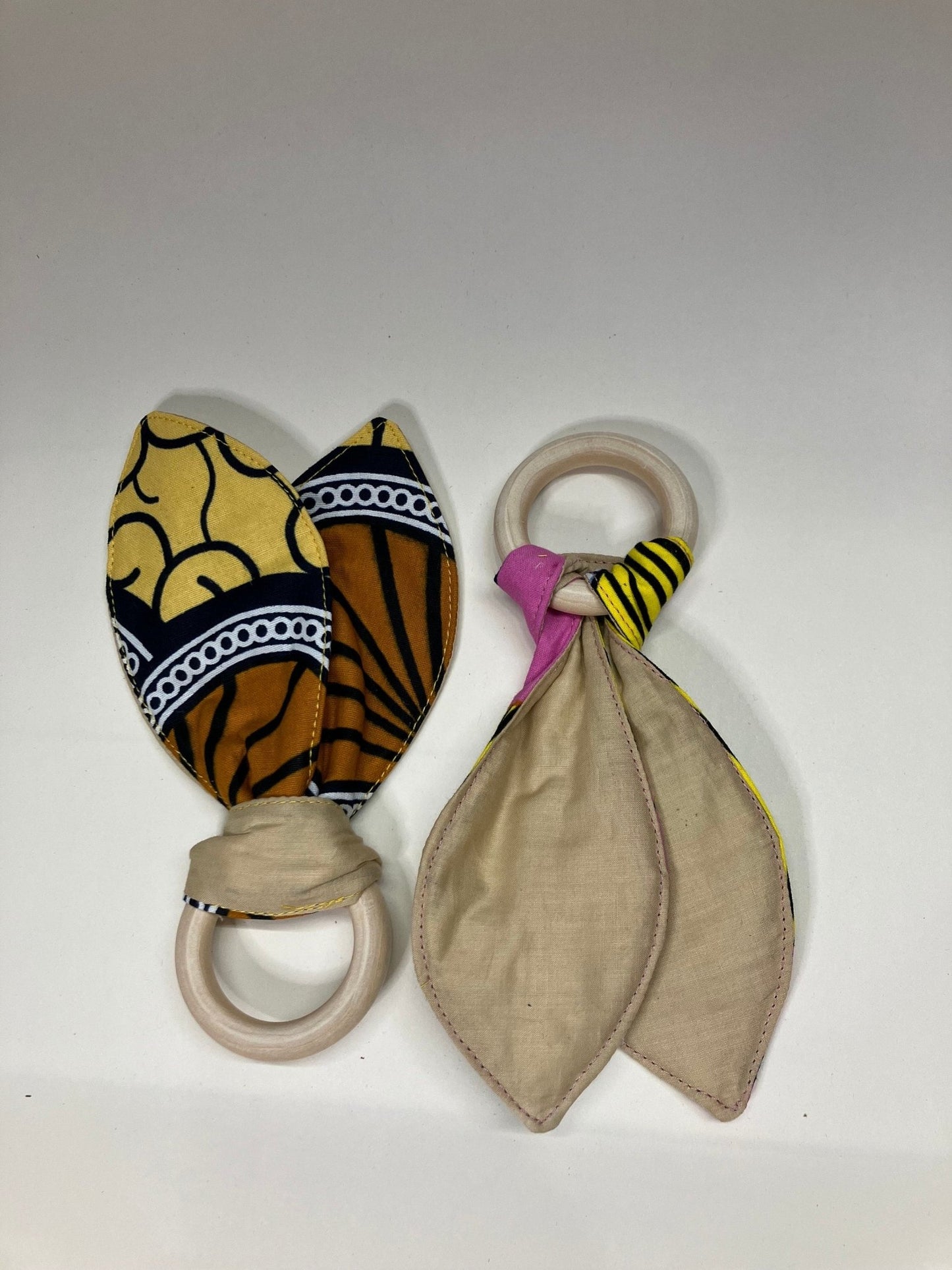 Cotton Bunny Ears Teething Ring | African Print Wooden Teething rings | Yellow/Pink Print - AmayiUK
