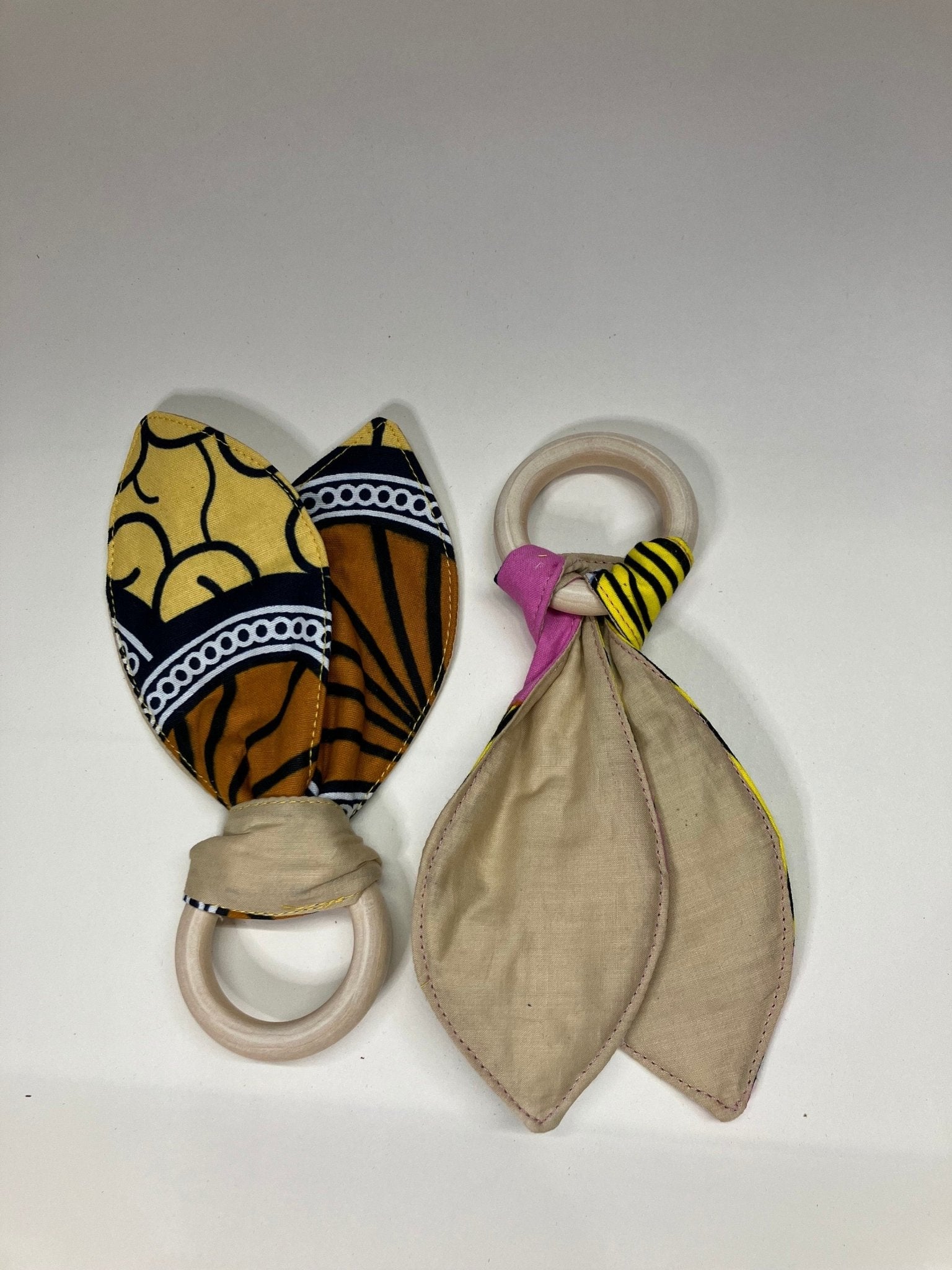 Cotton Bunny Ears Teething Ring | African Print Wooden Teething rings | Yellow/Pink Print - AmayiUK