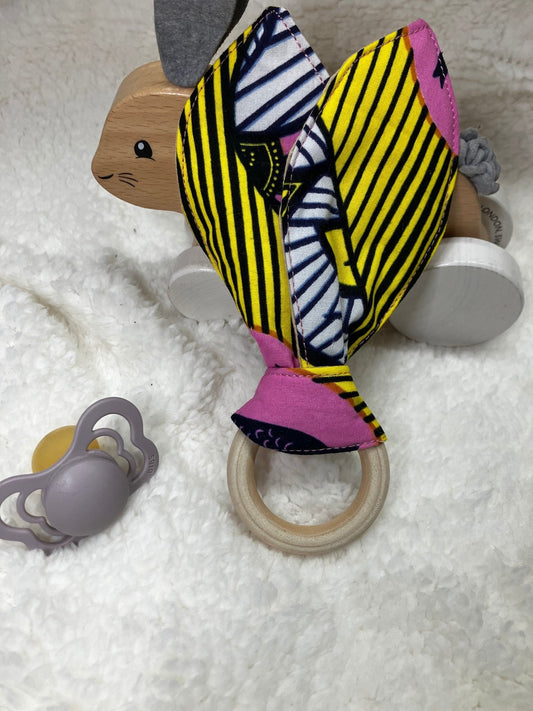 Cotton Bunny Ears Teething Ring | African Print Wooden Teething rings | Yellow/Pink Print - AmayiUK