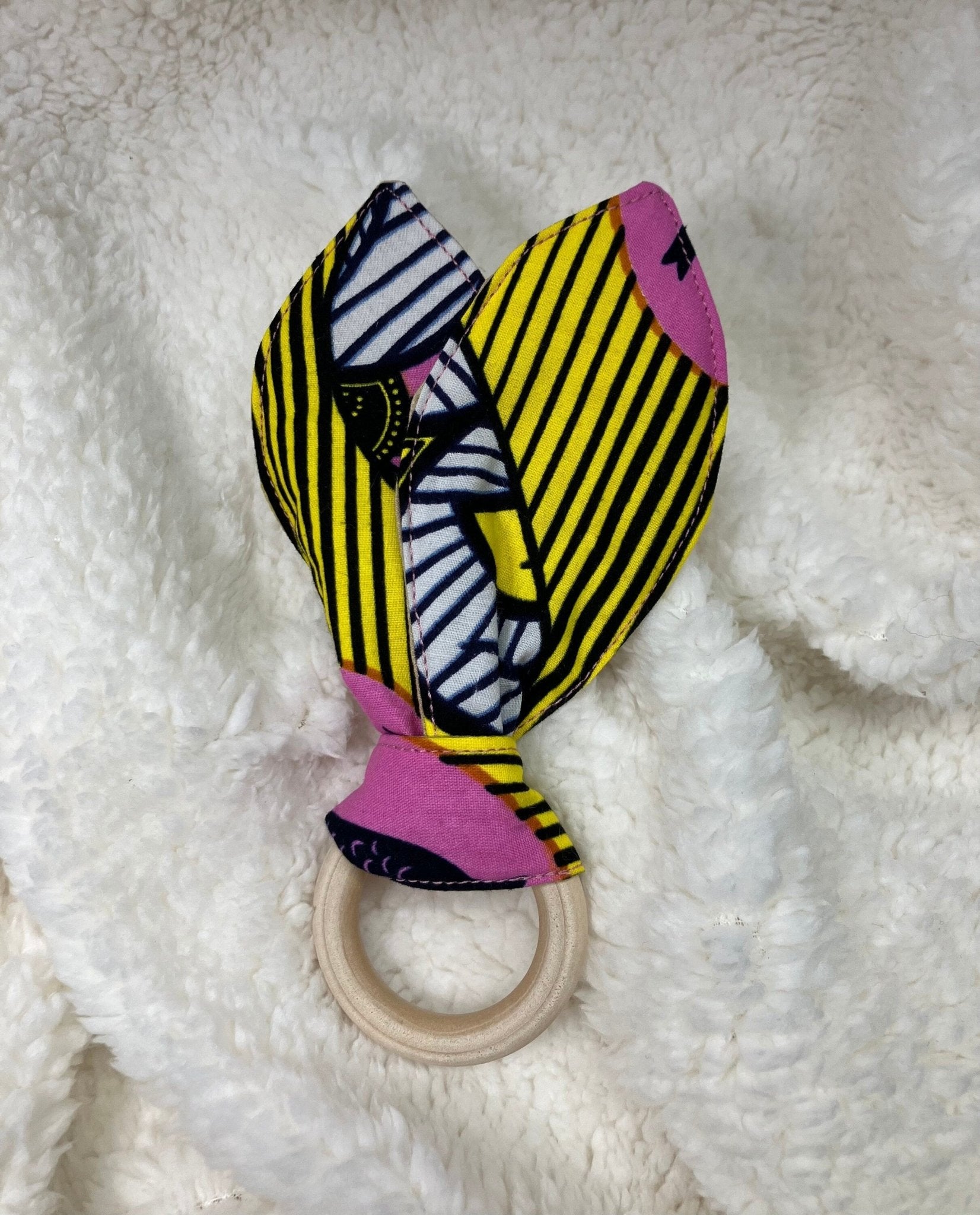 Cotton Bunny Ears Teething Ring | African Print Wooden Teething rings | Yellow/Pink Print - AmayiUK
