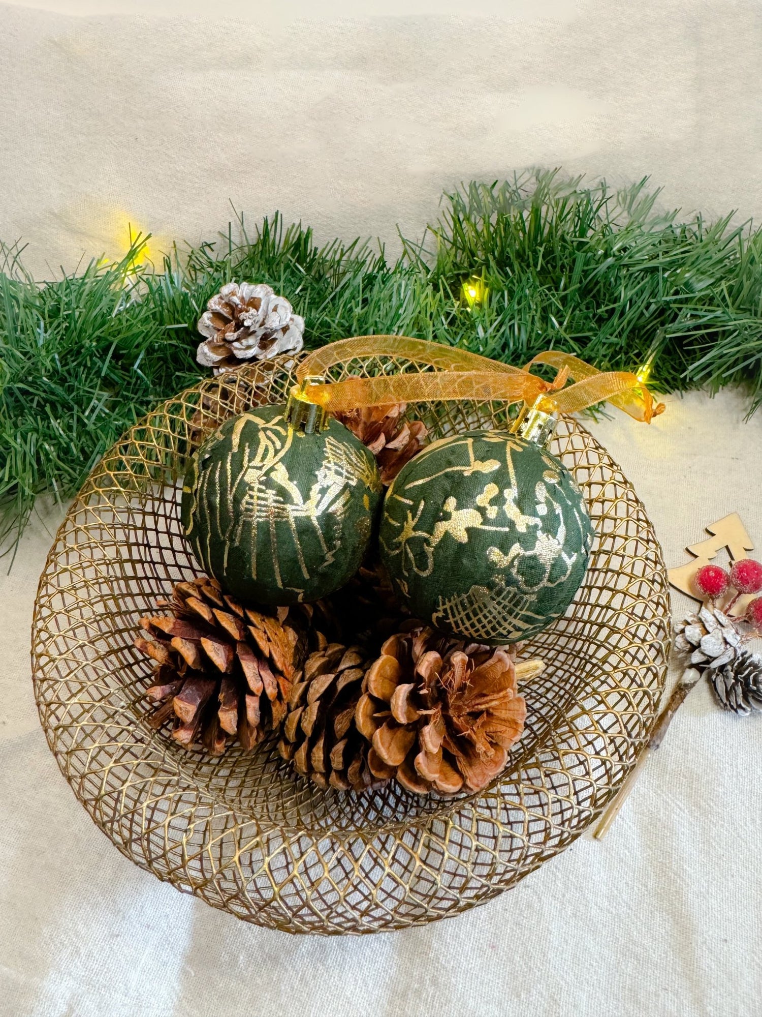 Green Print Christmas Baubles - AmayiUK