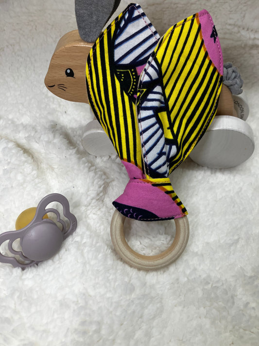 Cotton Bunny Ears Teething Ring | African Print Wooden Teething rings | Yellow/Pink Print