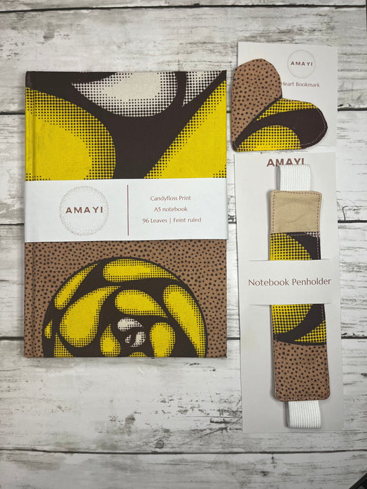 African Print Notebook Gift Set | Candyfloss Print| Notebook Pen Holder | Fabric Heart Bookmark